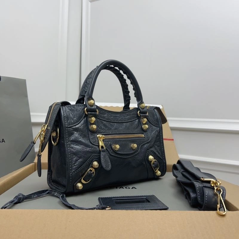 Balenciaga  Exclusive Deep Gray Cracked Lambskin Mini City Bag with Gold Accents Breathable 78372