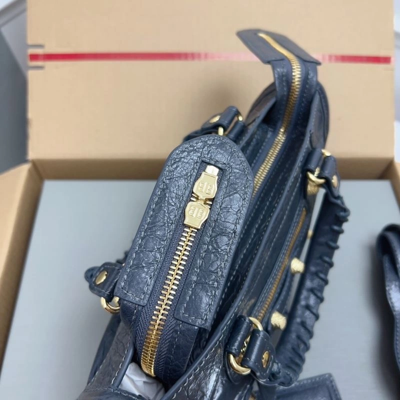 Balenciaga  Exclusive Deep Gray Cracked Lambskin Mini City Bag with Gold Accents Breathable 78372