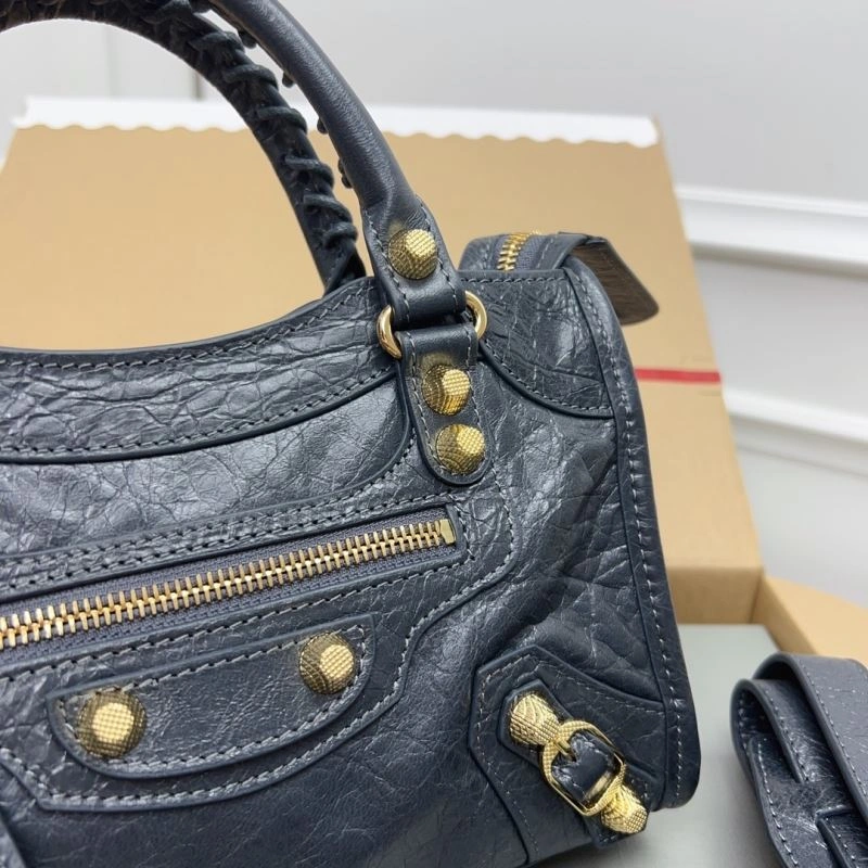Balenciaga  Exclusive Deep Gray Cracked Lambskin Mini City Bag with Gold Accents Breathable 78372