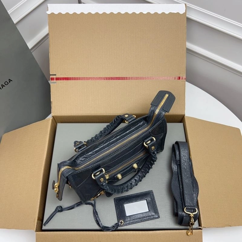 Balenciaga  Exclusive Deep Gray Cracked Lambskin Mini City Bag with Gold Accents Breathable 78372