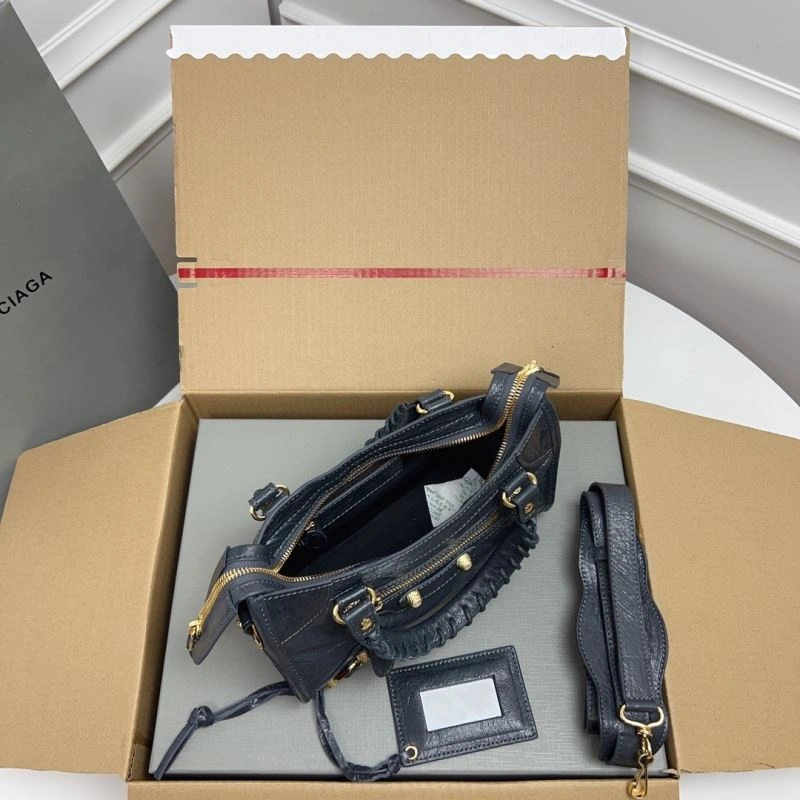 Balenciaga  Exclusive Deep Gray Cracked Lambskin Mini City Bag with Gold Accents Breathable 78372