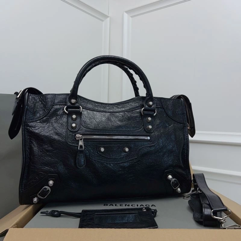 Balenciaga  Luxury Cracked Lambskin Black Tote with Pineapple Silver Studs Comfortable 78367