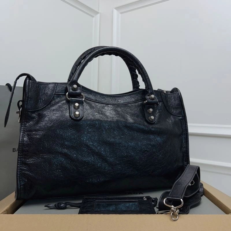 Balenciaga  Luxury Cracked Lambskin Black Tote with Pineapple Silver Studs Comfortable 78367