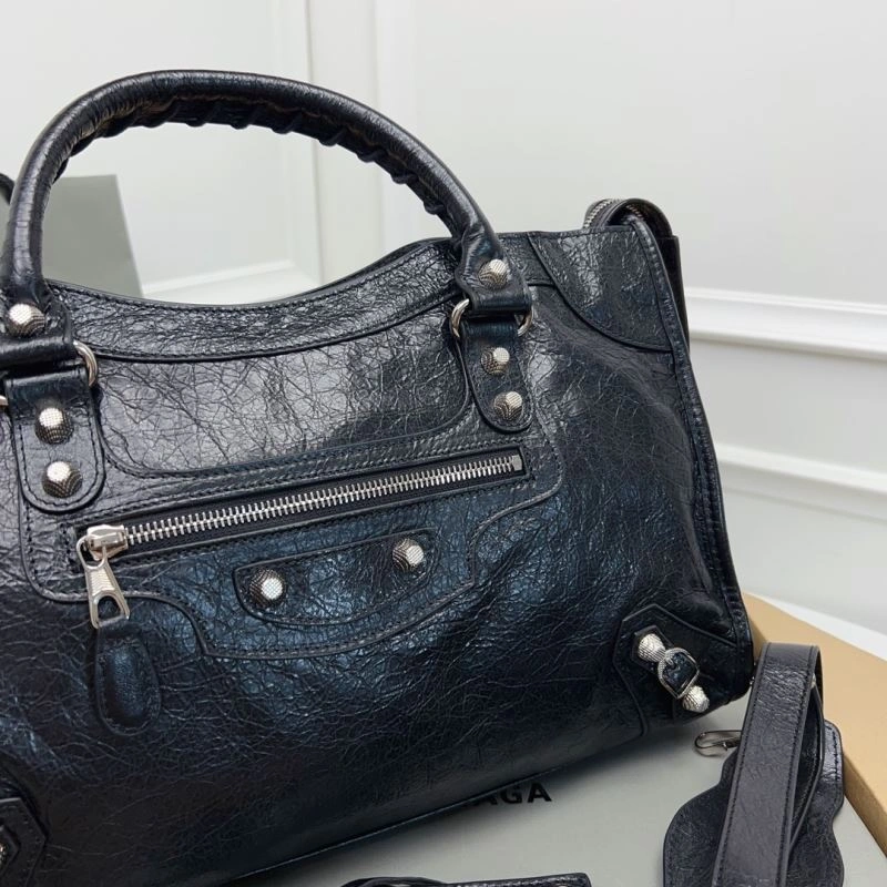 Balenciaga  Luxury Cracked Lambskin Black Tote with Pineapple Silver Studs Comfortable 78367