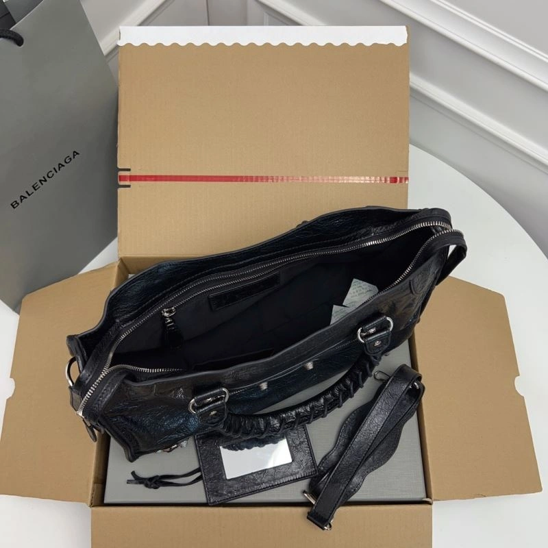 Balenciaga  Luxury Cracked Lambskin Black Tote with Pineapple Silver Studs Comfortable 78367