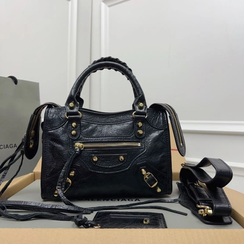 Bold Balenciaga  Luxury Cracked Lambskin Mini City Bag with Gold Studs 78358