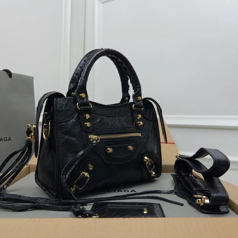 Bold Balenciaga  Luxury Cracked Lambskin Mini City Bag with Gold Studs 78358