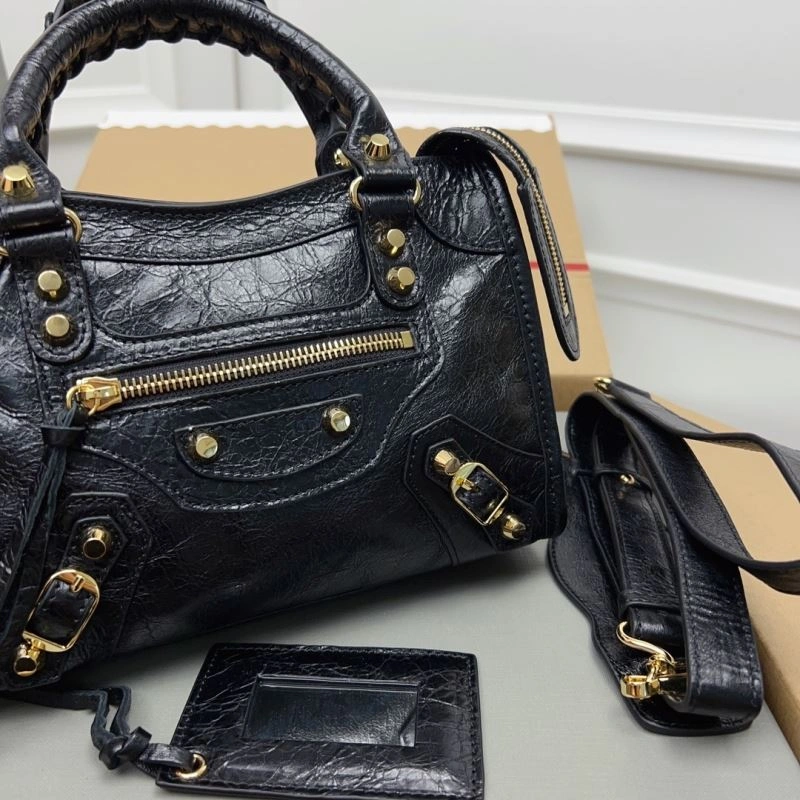 Bold Balenciaga  Luxury Cracked Lambskin Mini City Bag with Gold Studs 78358