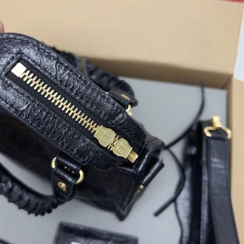 Bold Balenciaga  Luxury Cracked Lambskin Mini City Bag with Gold Studs 78358