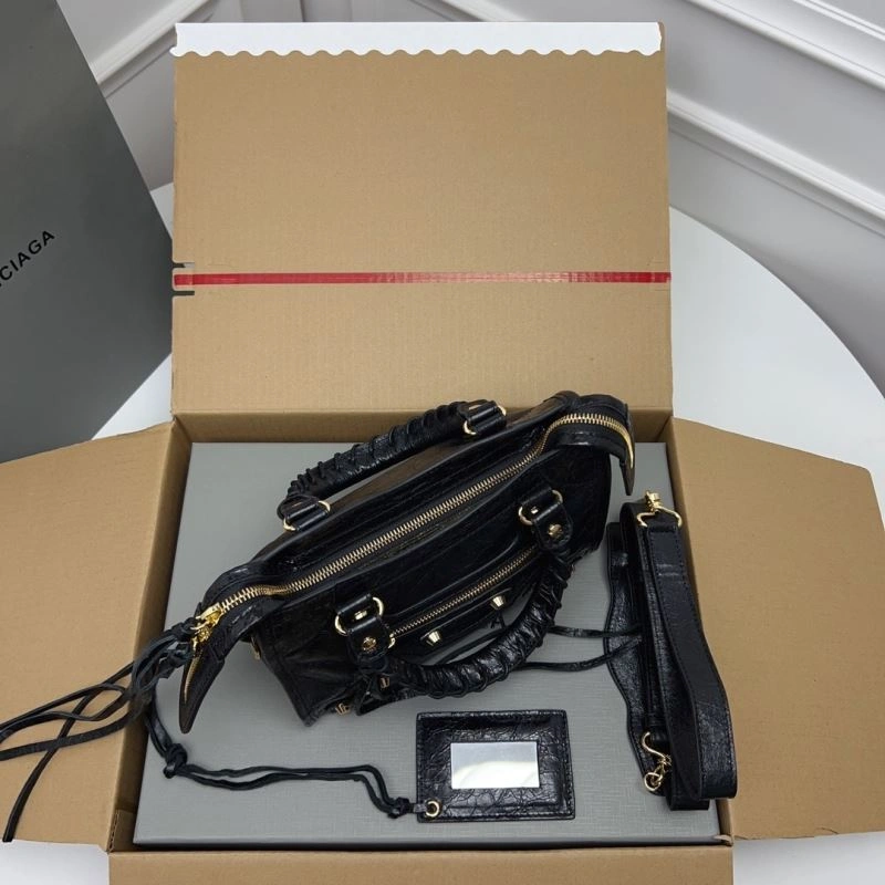 Bold Balenciaga  Luxury Cracked Lambskin Mini City Bag with Gold Studs 78358