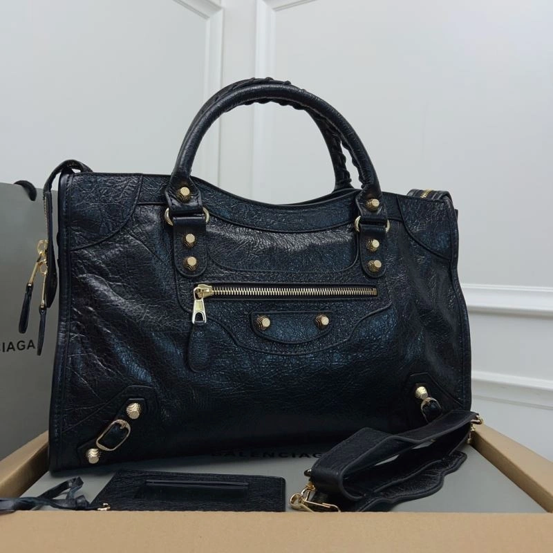 Balenciaga   Cracked Lambskin Black Tote with Pineapple Gold Studs Sophisticated 78342