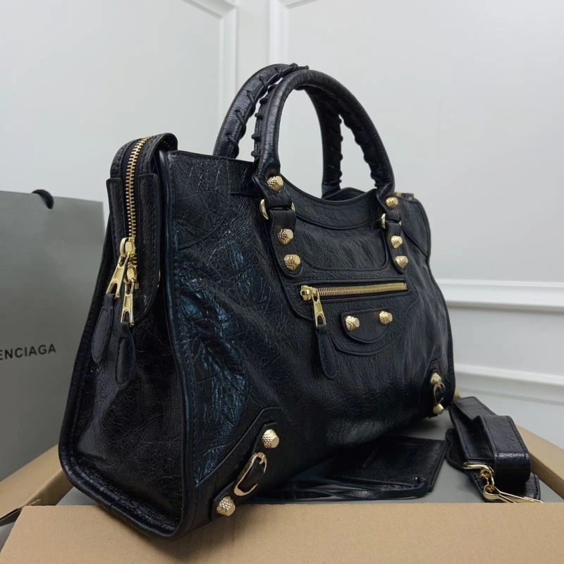 Balenciaga   Cracked Lambskin Black Tote with Pineapple Gold Studs Sophisticated 78342