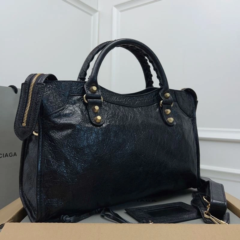 Balenciaga   Cracked Lambskin Black Tote with Pineapple Gold Studs Sophisticated 78342