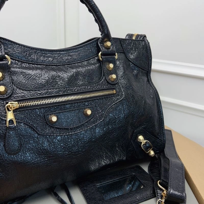 Balenciaga   Cracked Lambskin Black Tote with Pineapple Gold Studs Sophisticated 78342