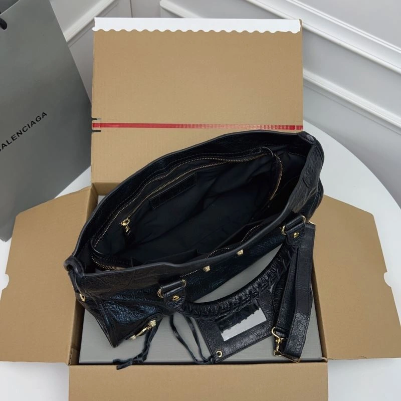 Balenciaga   Cracked Lambskin Black Tote with Pineapple Gold Studs Sophisticated 78342