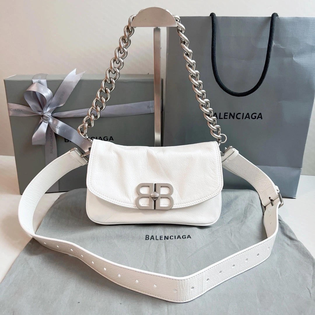 Minimalist Balenciaga BB  Small Oil Wax White Chain Shoulder Bag 60892
