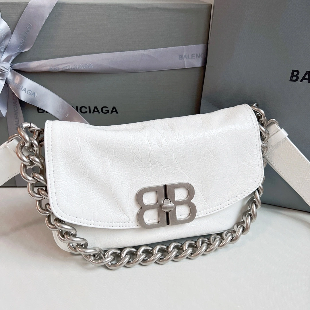 Minimalist Balenciaga BB  Small Oil Wax White Chain Shoulder Bag 60892