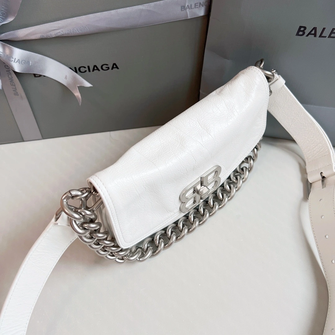 Minimalist Balenciaga BB  Small Oil Wax White Chain Shoulder Bag 60892