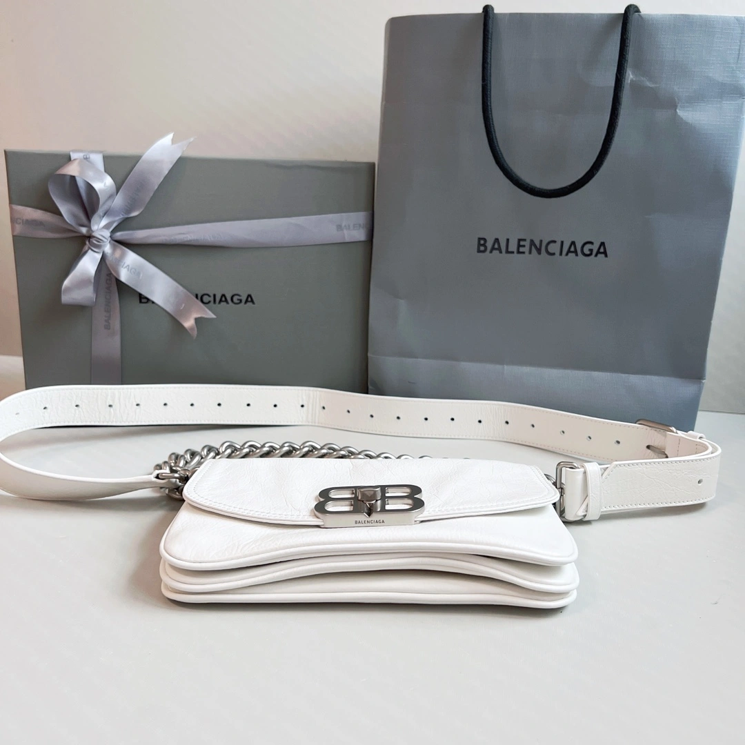 Minimalist Balenciaga BB  Small Oil Wax White Chain Shoulder Bag 60892