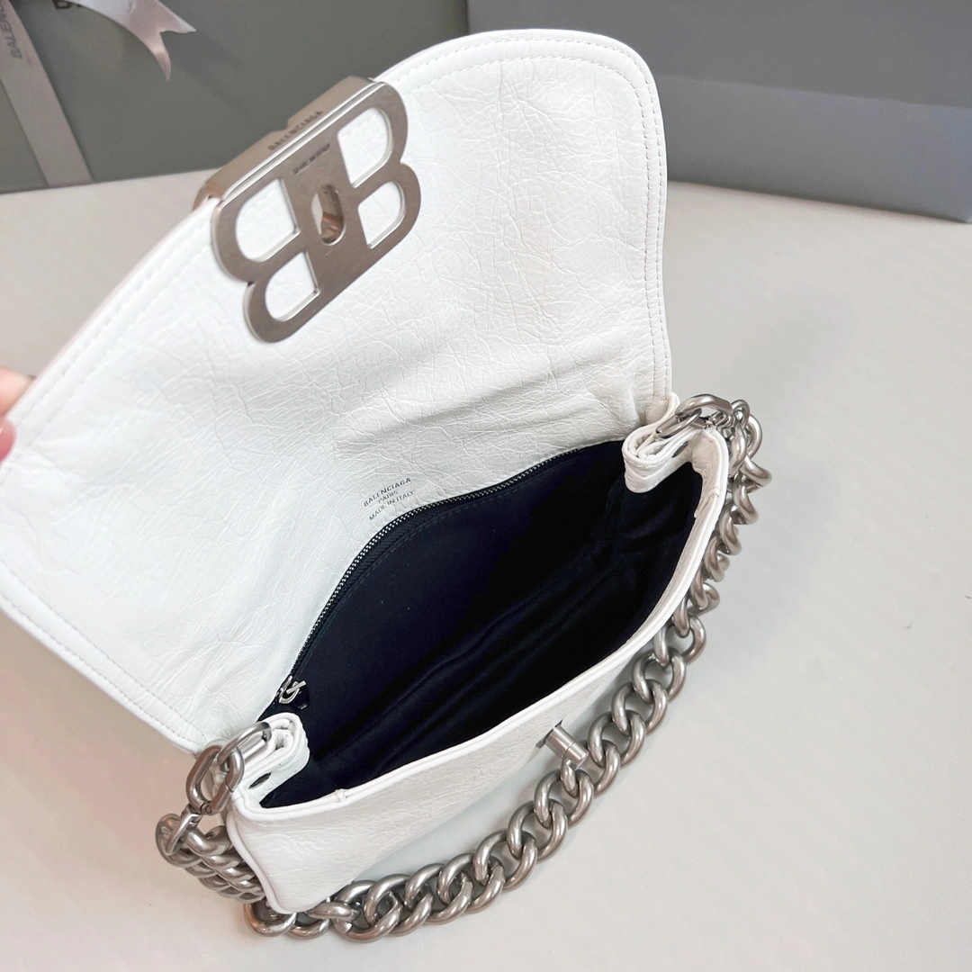Minimalist Balenciaga BB  Small Oil Wax White Chain Shoulder Bag 60892