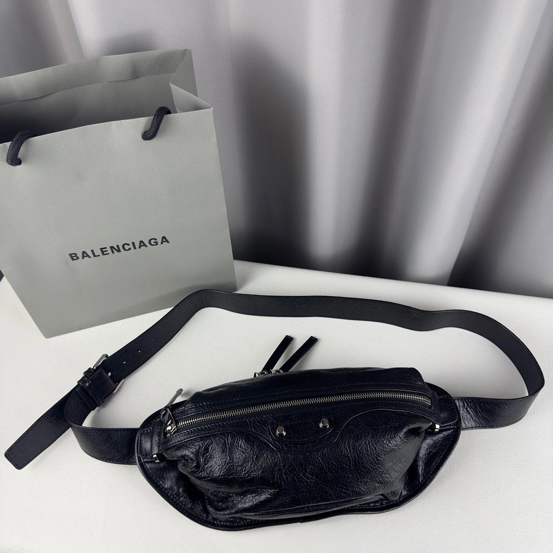 Balenciaga Black Cracked Lambskin Motorcycle Chest Bag AllSeason 60851
