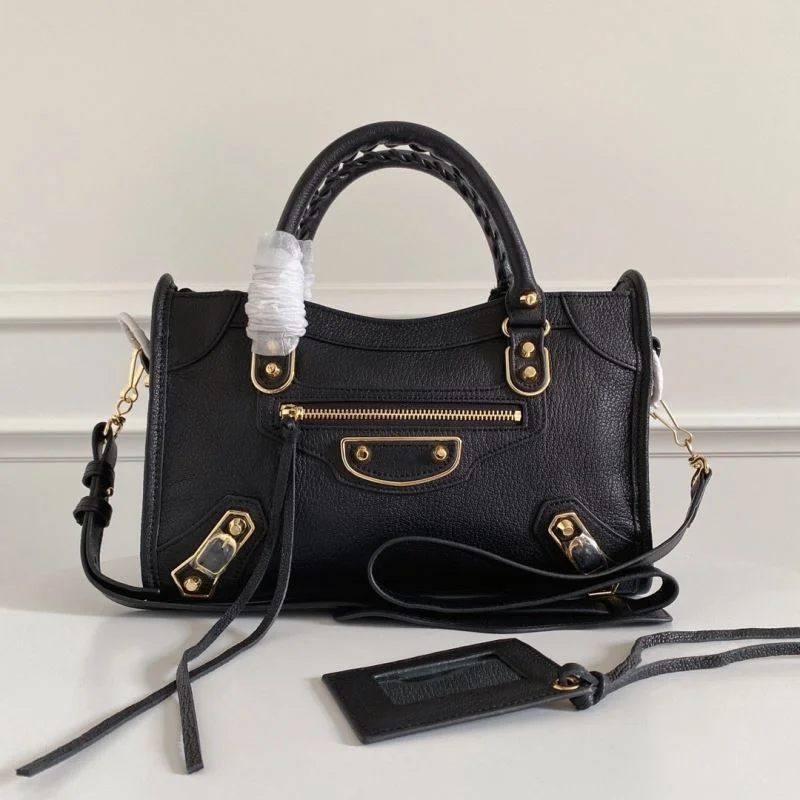 Colorful Balenciaga Black Goat Leather Motorcycle Bag with Gold Studs 38309