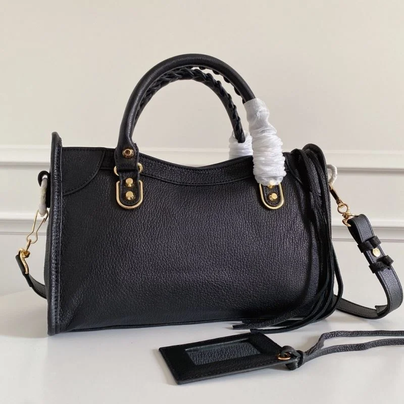 Colorful Balenciaga Black Goat Leather Motorcycle Bag with Gold Studs 38309
