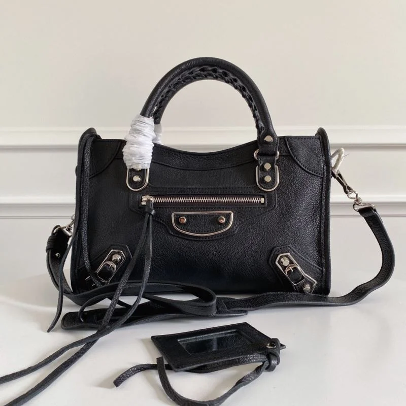 Balenciaga Black Goat Leather Motorcycle Bag with Silver Studs Trendy 38306