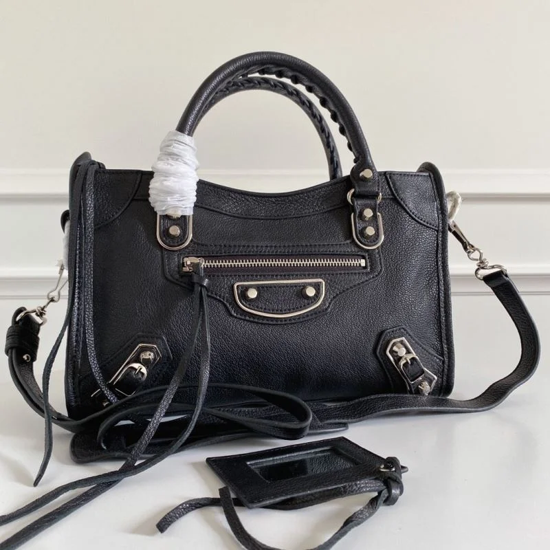 Balenciaga Black Goat Leather Motorcycle Bag with Silver Studs Trendy 38306