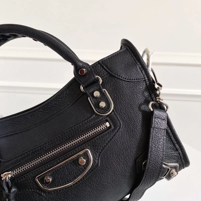 Balenciaga Black Goat Leather Motorcycle Bag with Silver Studs Trendy 38306