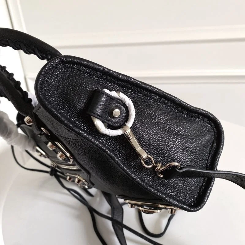 Balenciaga Black Goat Leather Motorcycle Bag with Silver Studs Trendy 38306