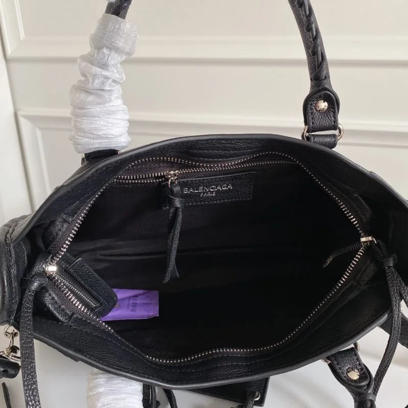 Balenciaga Black Goat Leather Motorcycle Bag with Silver Studs Trendy 38306