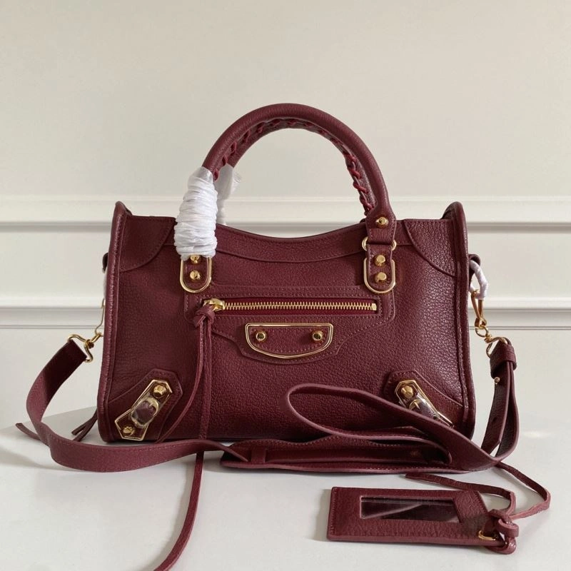 Balenciaga Burgundy Goat Leather Motorcycle Bag with Gold Studs - 30cm Classic 66934