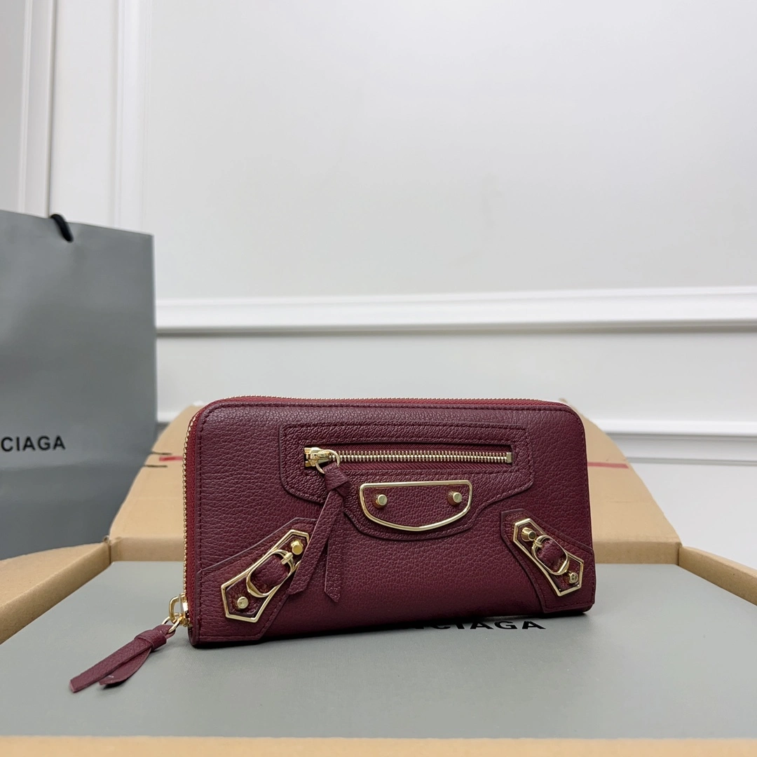 Lightweight Balenciaga Burgundy Vintage Leather Motorcycle Wallet with Heart Design 60830