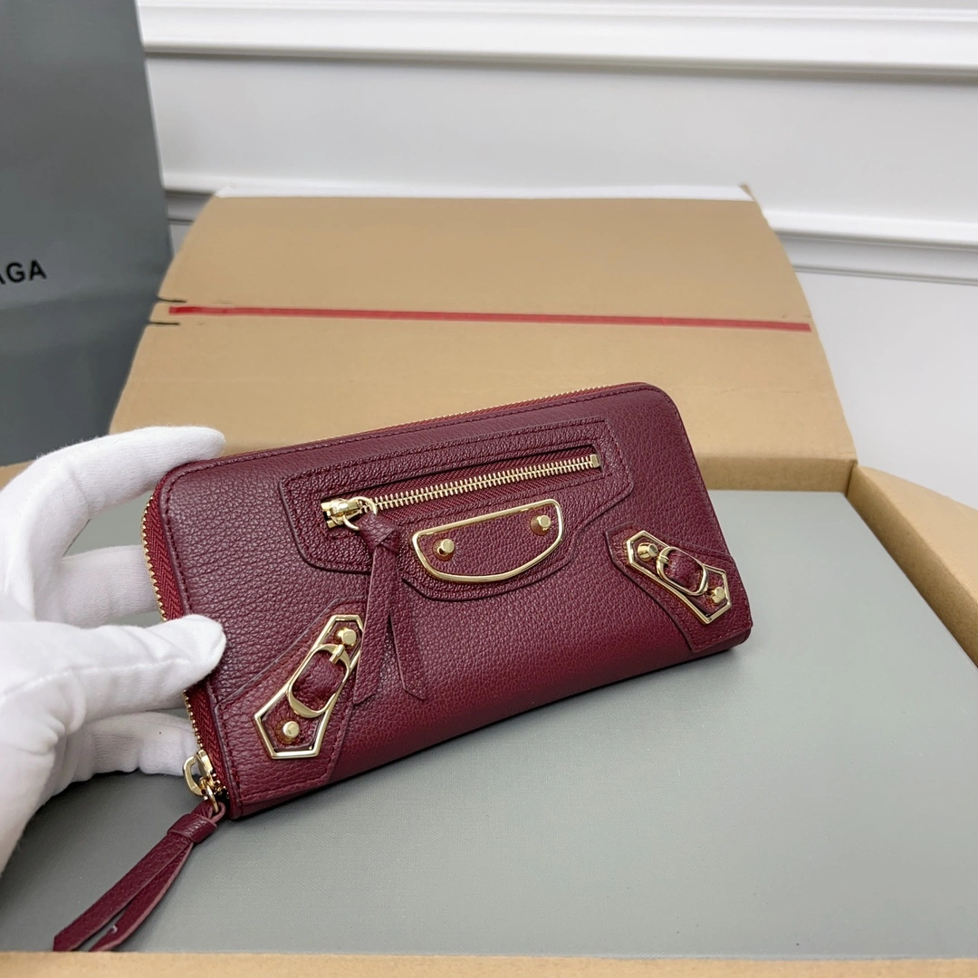 Lightweight Balenciaga Burgundy Vintage Leather Motorcycle Wallet with Heart Design 60830