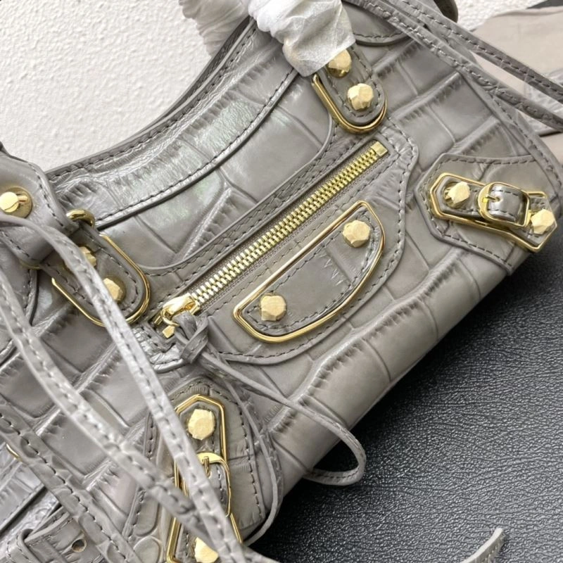 Bright Balenciaga Calfskin Crocodile Motorcycle Bag with Gold Accents 72631