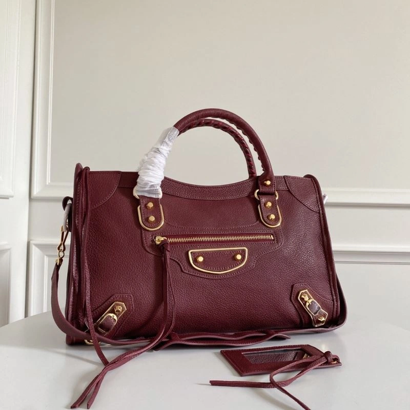 Breathable Balenciaga  Italian Goat Leather Wine Red Motorcycle Bag 66929