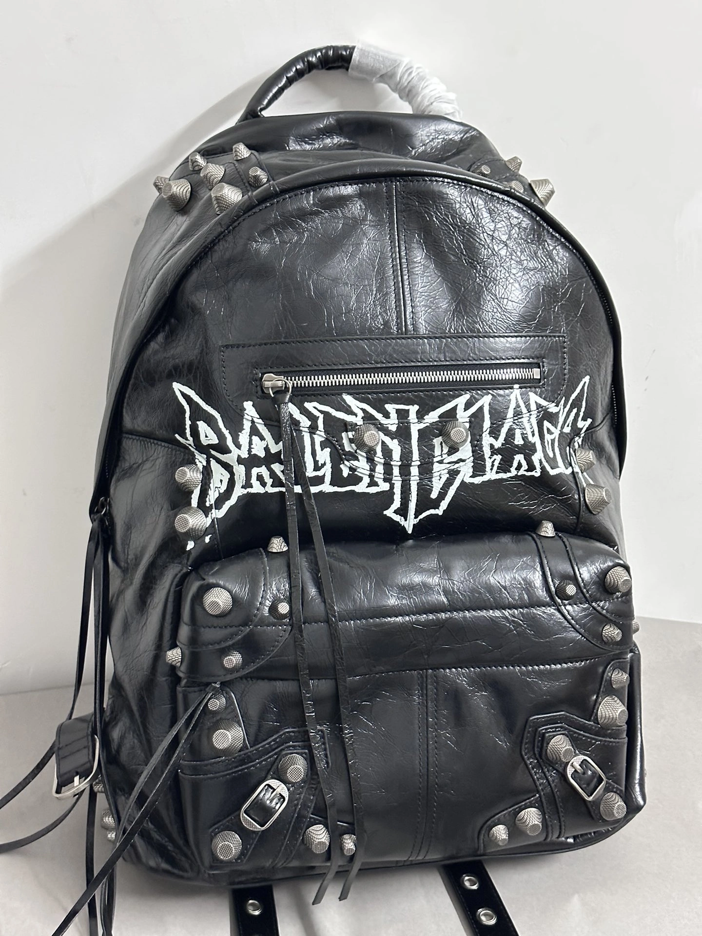 Balenciaga Cool Cagole Studded Graffiti Backpack in Cracked Lambskin Stretchable 64699