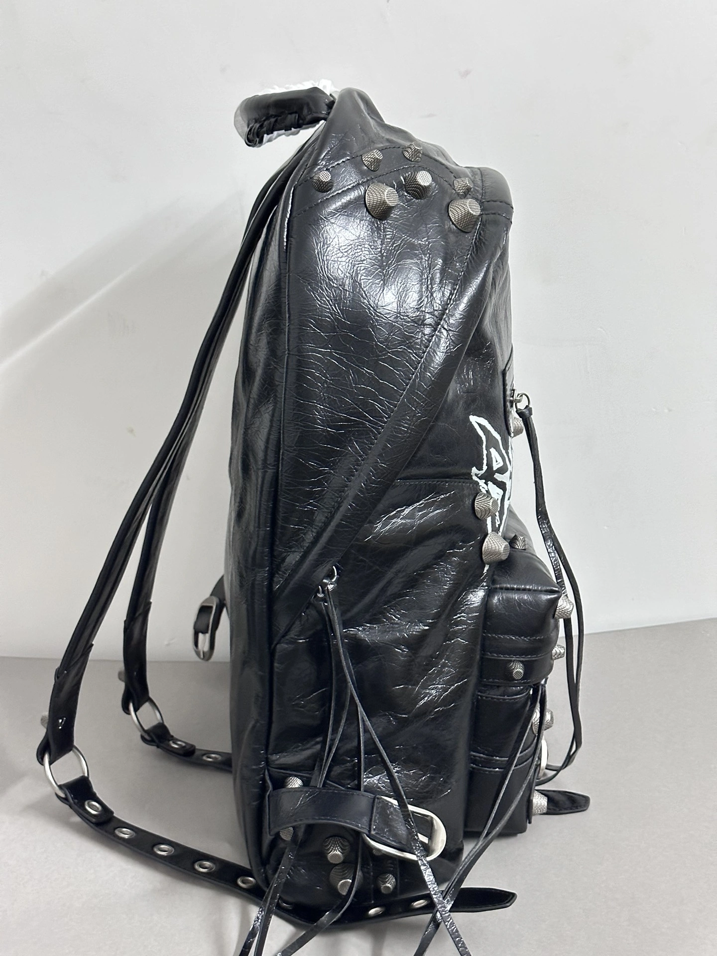 Balenciaga Cool Cagole Studded Graffiti Backpack in Cracked Lambskin Stretchable 64699