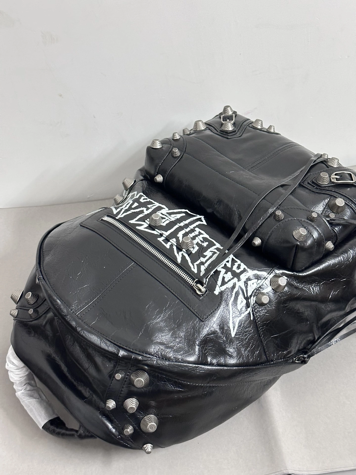 Balenciaga Cool Cagole Studded Graffiti Backpack in Cracked Lambskin Stretchable 64699