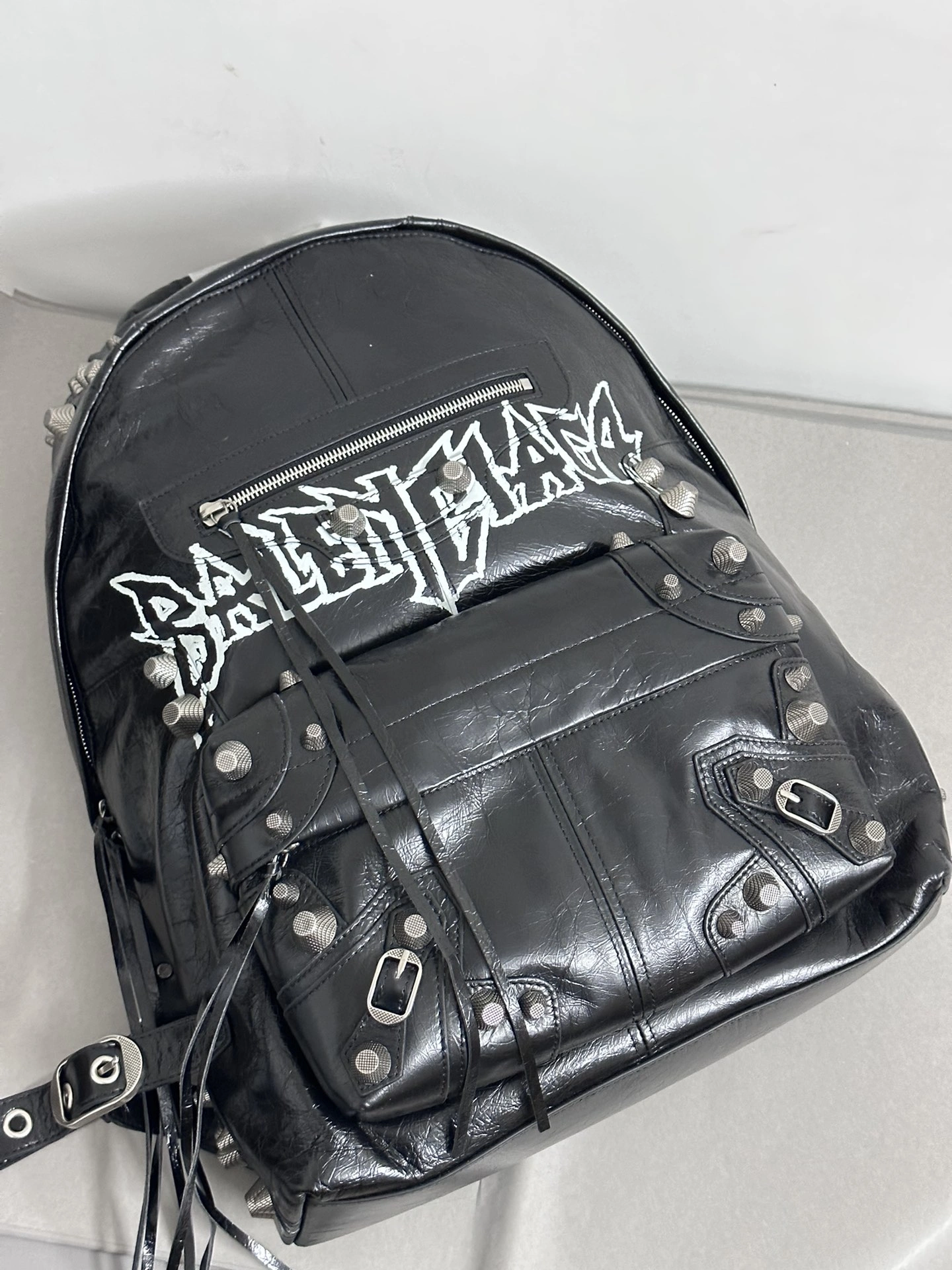 Balenciaga Cool Cagole Studded Graffiti Backpack in Cracked Lambskin Stretchable 64699