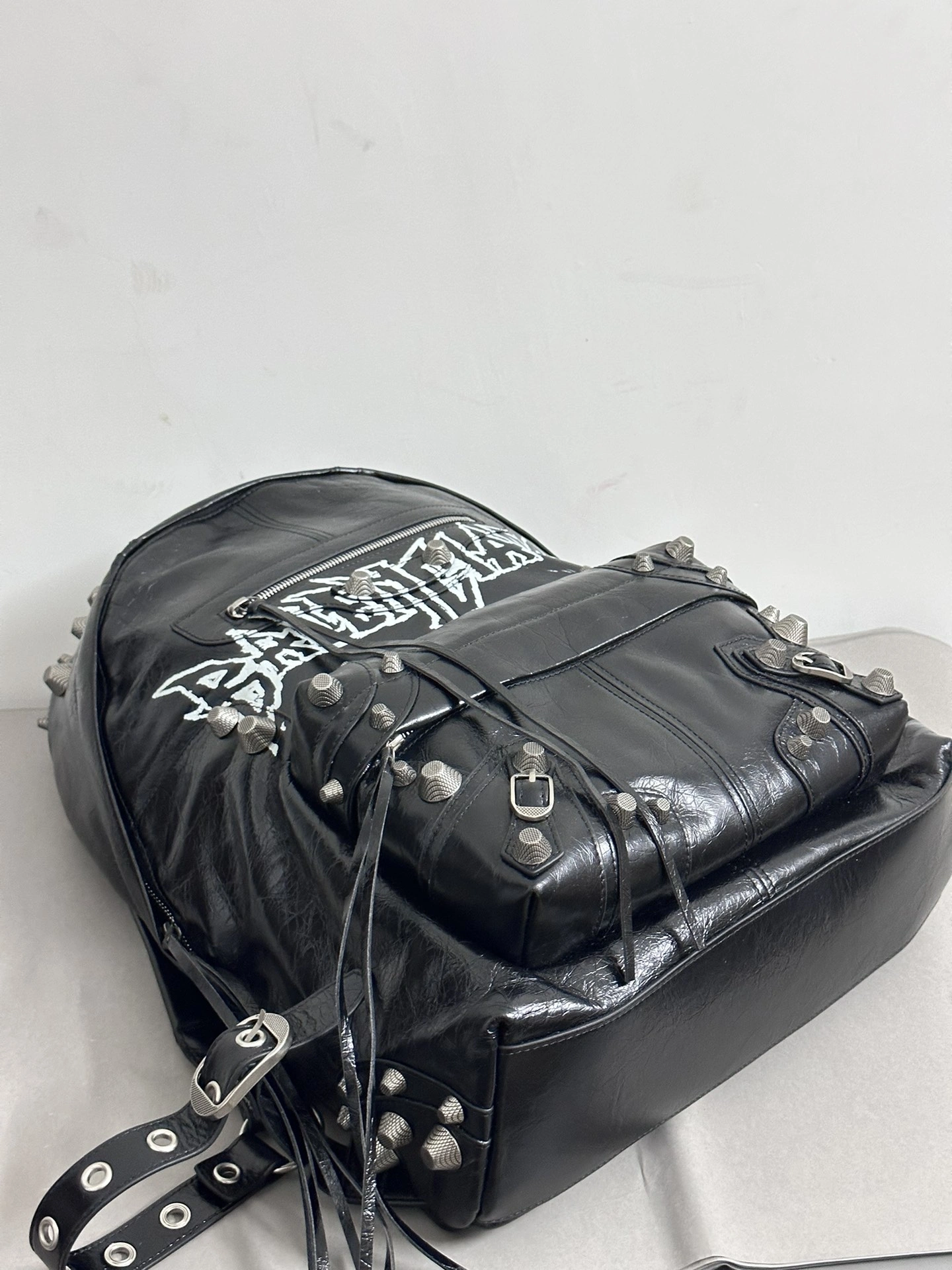 Balenciaga Cool Cagole Studded Graffiti Backpack in Cracked Lambskin Stretchable 64699