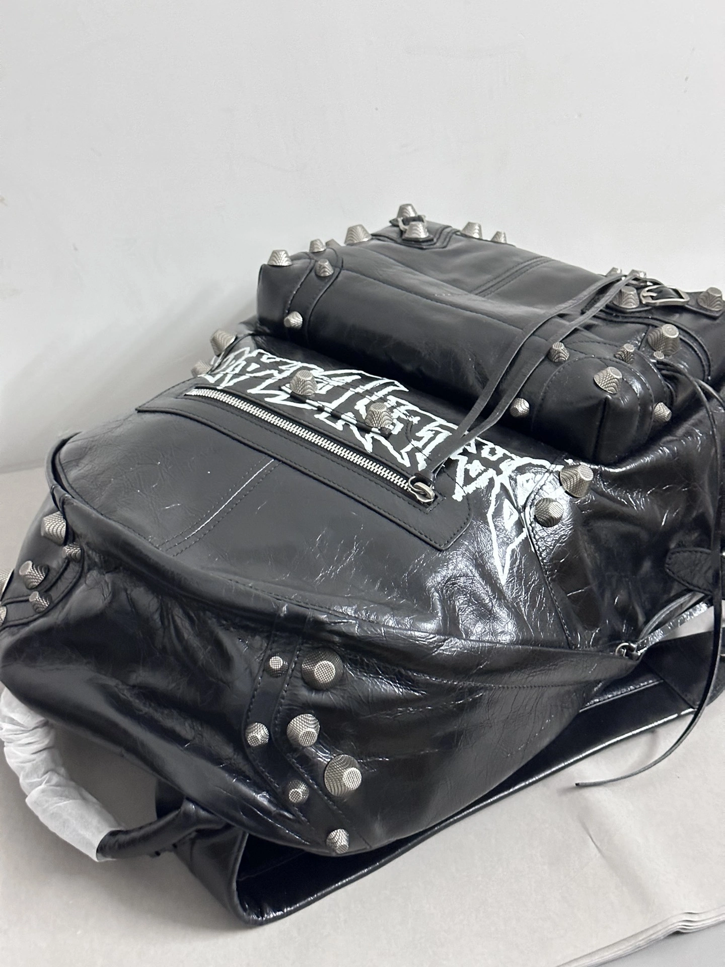 Balenciaga Cool Cagole Studded Graffiti Backpack in Cracked Lambskin Stretchable 64699