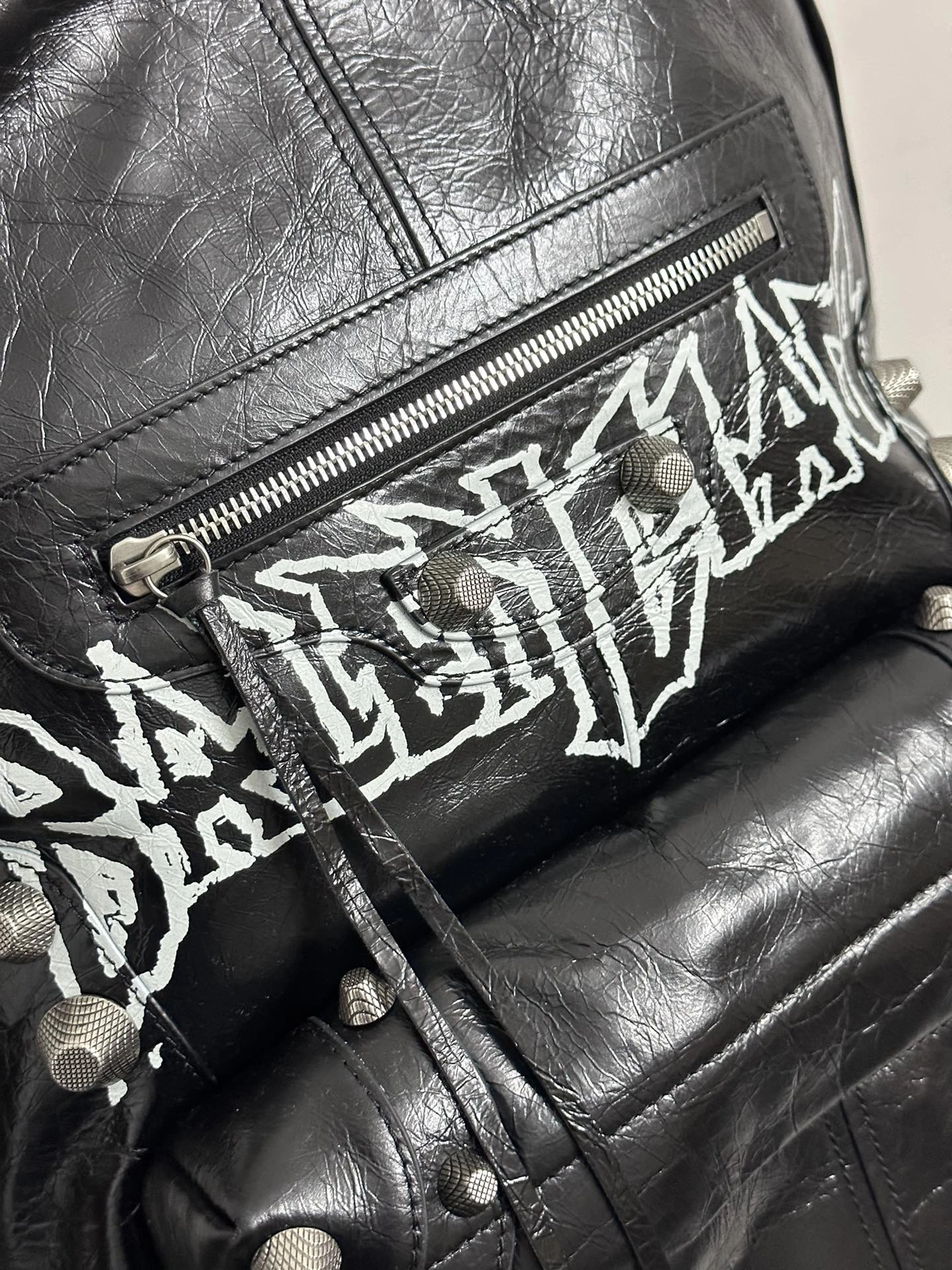 Balenciaga Cool Cagole Studded Graffiti Backpack in Cracked Lambskin Stretchable 64699