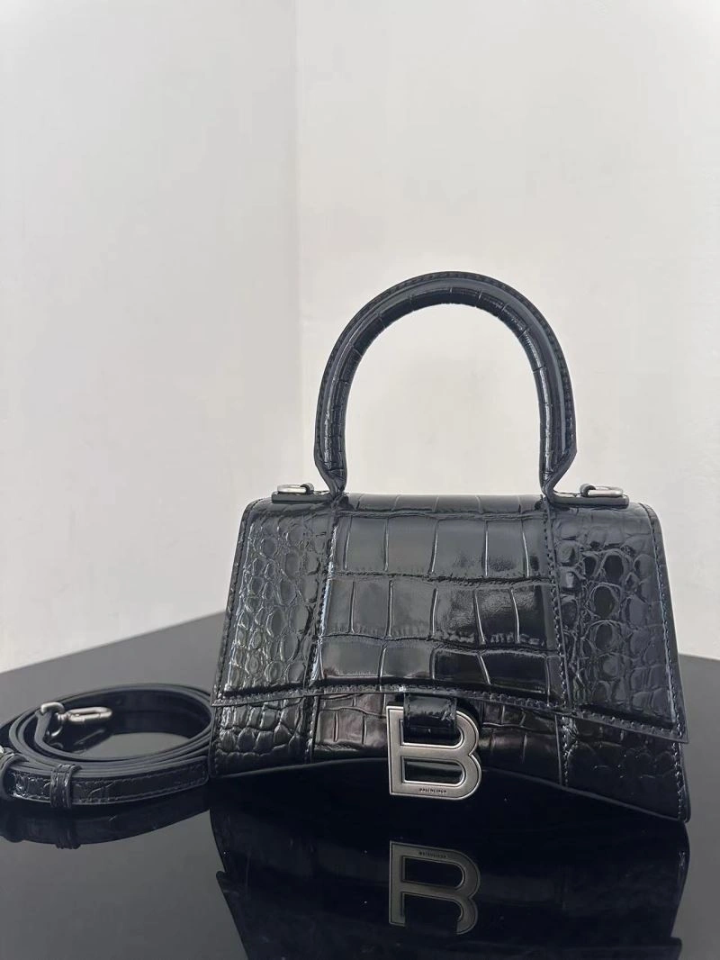 Bold Balenciaga Crocodile-Pattern Hourglass Bag - XS Black Leather 72614