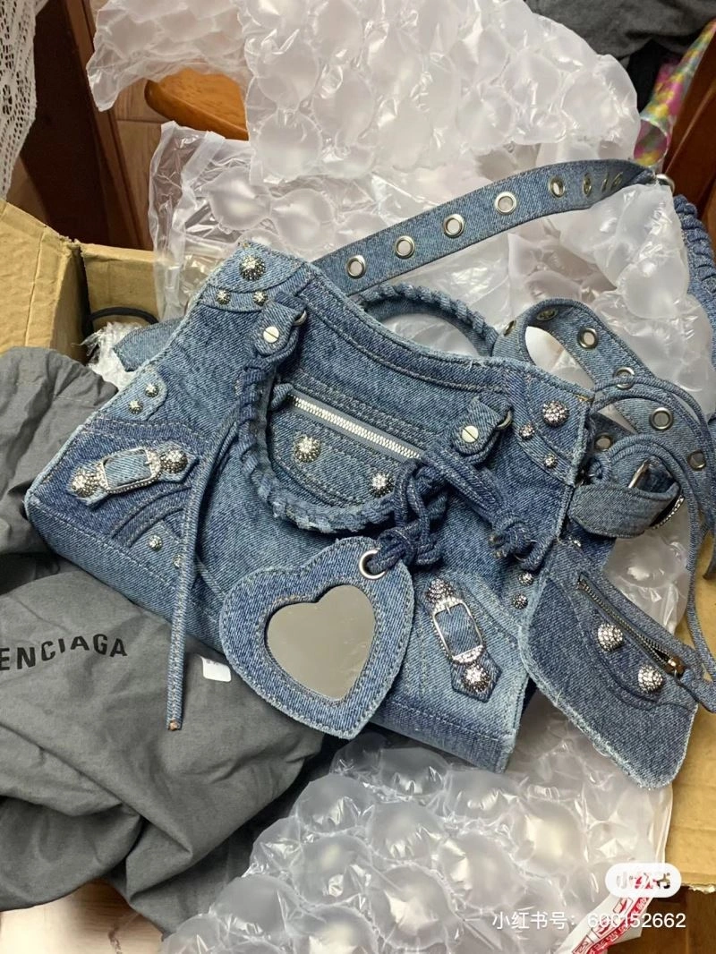 Balenciaga Denim Blue Cagole Motorcycle Bag with Rhinestones - XS Size WellDesigned 78786