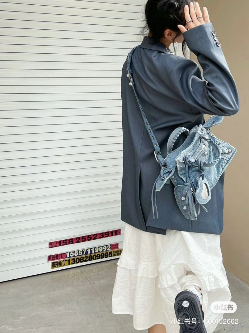 Balenciaga Denim Blue Cagole Motorcycle Bag with Rhinestones - XS Size WellDesigned 78786