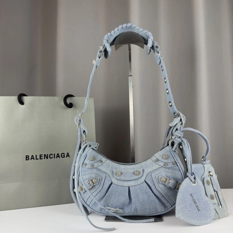 Cozy Balenciaga Denim Blue Le Cagole Half-Moon Crossbody Bag 78374