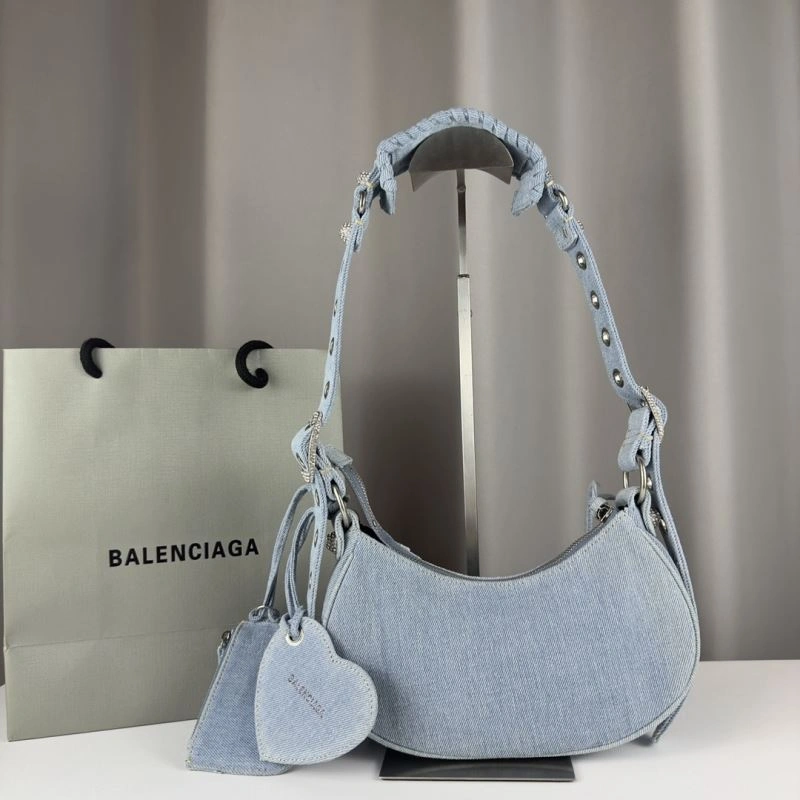 Cozy Balenciaga Denim Blue Le Cagole Half-Moon Crossbody Bag 78374