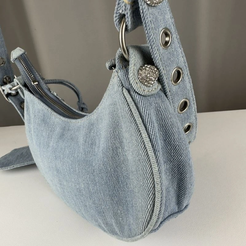 Cozy Balenciaga Denim Blue Le Cagole Half-Moon Crossbody Bag 78374